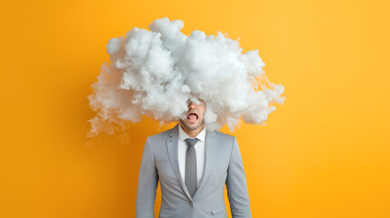 Businessman with his head engulfed in fog or smoke - brain fog, burnout, mental health problems