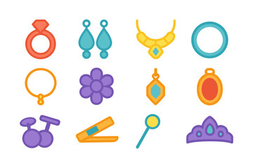Colorful jewelry icons set with rings, necklaces, and earrings in flat style