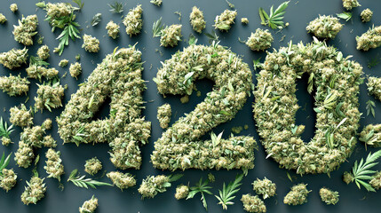 Number 420 composed of marijuana buds on stone surface shot from above
