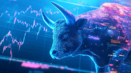 Bull and blue colored candlestick graph, symbol of growing stock or cryptocurrency market