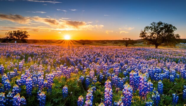 an awe inspiring landscape of a field covered in bluebonnets under a vibrant golden sunset capturing the splendid beauty and tranquility of nature s magnificence