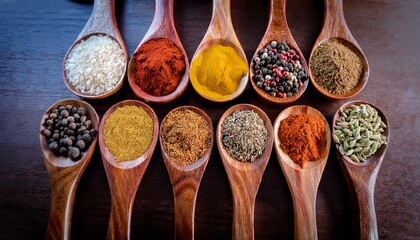 a vibrant and colorful array of various spices and grains displayed in wooden spoons