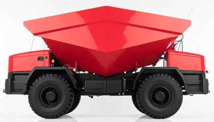 Vibrant red dump truck with raised bed, dynamic posture and oversized tires — a bold symbol of industrial power and motion.