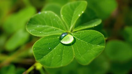 Close-Up of a Fresh Green Clover Leaf with Dew Drop in Nature Style Representing Luck and Purity in Vivid Green Tones with copy space