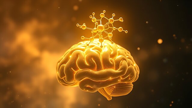 A golden molecular structure of spermidine floating above a brain-shaped nebula, glowing with energy.