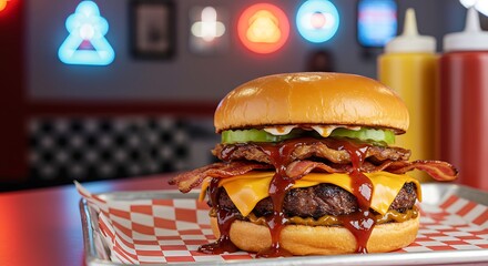 Loaded BBQ Burger with Dripping Sauce in Retro Diner Style