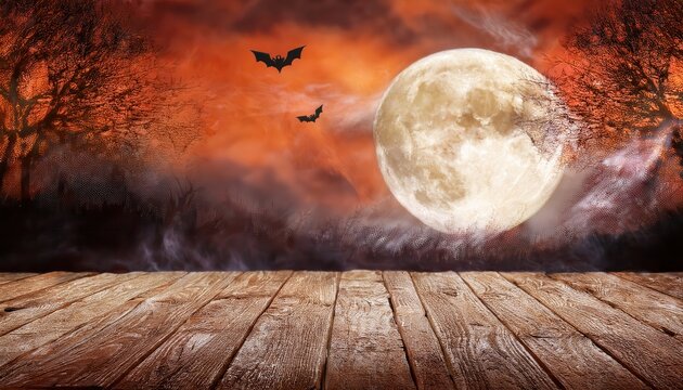 full moon rising over haunted forest with flying bats and eerie orange sky for spooky halloween backdrop or poster

