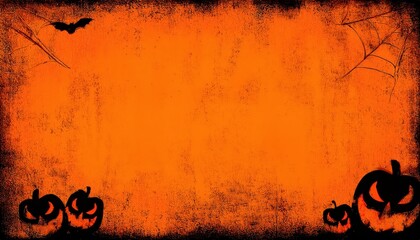 grunge orange halloween background with black jack o lantern pumpkins and bats for spooky party flyer or seasonal banner design