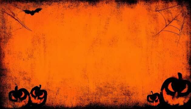 grunge orange halloween background with black jack o lantern pumpkins and bats for spooky party flyer or seasonal banner design