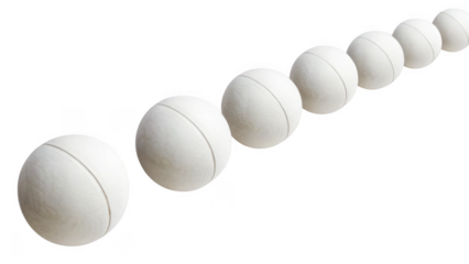 A diagonal line of white rugby balls receding into the distance isolated on transparent background