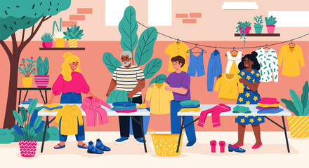 Illustrated yard sale scene with diverse people browsing clothes and plants