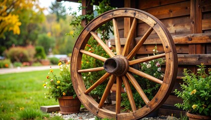 Heritage still life—an old wooden wagon wheel leans against the sunlit wall of a log cabin, surrounded by scattered flowers and wild greenery. Weathered timber and radial spokes speak to craftsmanship