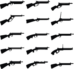 Classic Rifle Collection Vector Art: Vintage Firearms Silhouette Set for Hunting, Shooting, and Western-themed Designs. Perfect for Logos, Icons, and Graphic Design Projects.