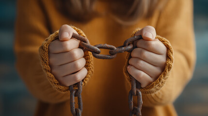Hands gripping rusty chain, symbolizing struggle and determination. person wears cozy brown sweater, adding warmth to scene