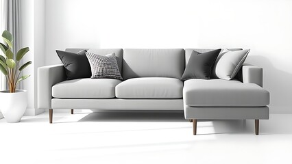 Naklejka premium Contemporary living room corner with a gray sofa and decorative pillows in a clean white space.