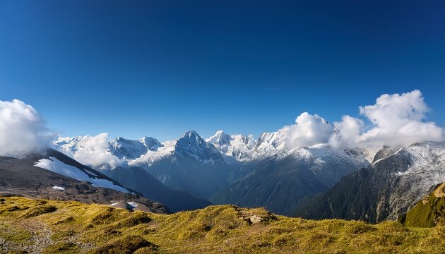 clear blue sky with bunchy of clouds over the peak ranges
