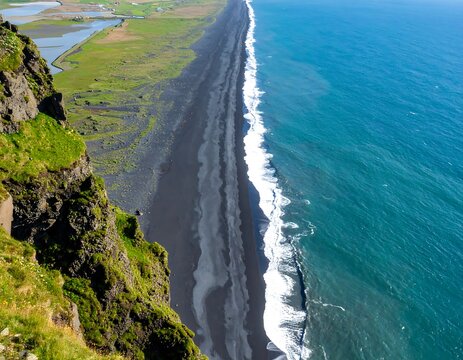 High-angle view of a black sand beach