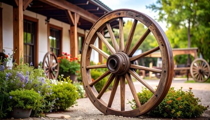 Obraz premium Rustic wagon wheel resting amid plants and flowers—wooden spokes radiate from a sturdy central hub, set against a backdrop of a porch and wooden building. The scene fuses pastoral nostalgia, structura