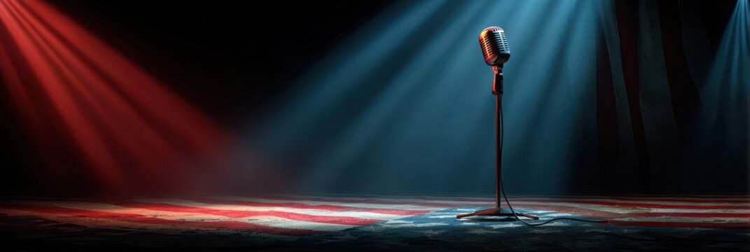 Microphone stands on vintage stage with red and blue lighting during evening performance - Powered by Adobe