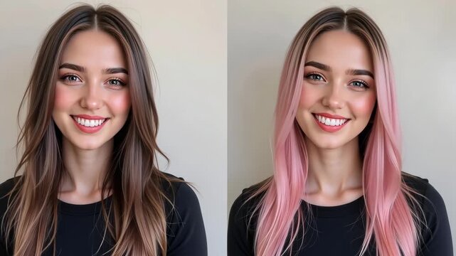 Two smiling young caucasian women with long straight hair, one brunette and one pink-haired, posing indoors against bright wall. Concept of friendship and youth lifestyle