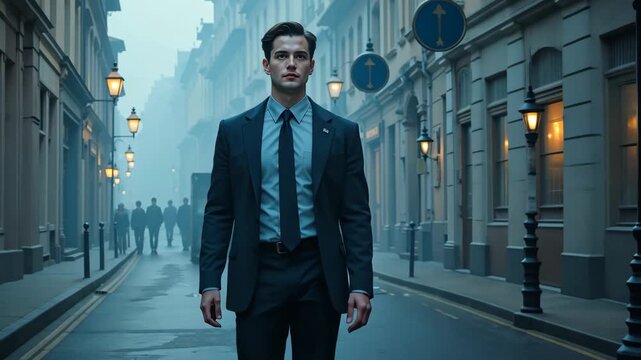 Handsome young caucasian man in dark suit walking on city street with misty blue background. Concept of urban business lifestyle
