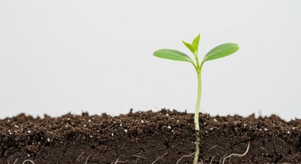 Small Seedling Growing in Soil, Isolated on White Background, Showing New Life and Growth.