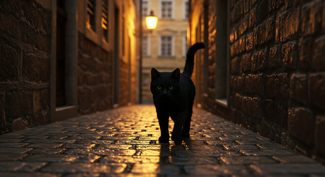 A mysterious black cat with luminous green eyes prowls a dark, cobblestone alleyway illuminated by a warm, glowing streetlamp at night.