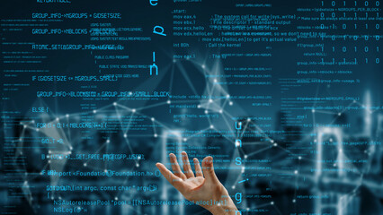 Abstract image showcasing digital transformation with hands reaching out towards data visualization and technology elements in a blue-tinted environment. Xenic