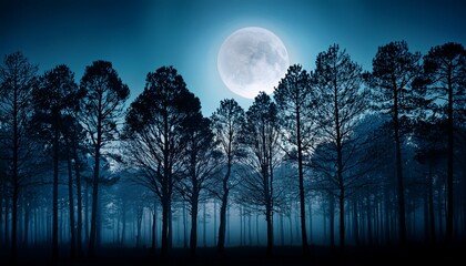forest trees outlined under glowing moonlight and shadows