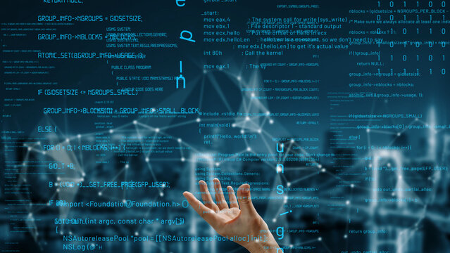 Abstract image showcasing digital transformation with hands reaching out towards data visualization and technology elements in a blue-tinted environment. Xenic - Powered by Adobe