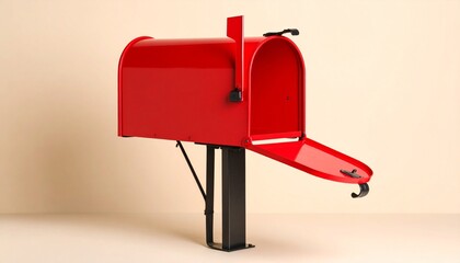 Vintage red mailbox with curved top and open front door&mdash;mounted on a sturdy black post, minimalist backdrop.