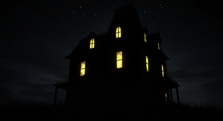 Spooky haunted house at night illustration with glowing windows and stars in the sky scene