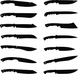 A comprehensive vector silhouette collection of various tactical and hunting knives with diverse blades. Ideal for military, survival, and kitchen-related design projects.