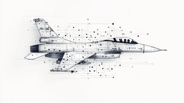 Detailed illustration of a jet fighter with technical design elements showcasing aviation technology and aerodynamics.