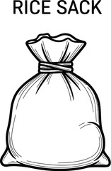 A hand-drawn illustration showcases a tied rice sack, its outline bold and clear, perfect for representing grain, agriculture, or food-related concepts in a simple, graphic style.