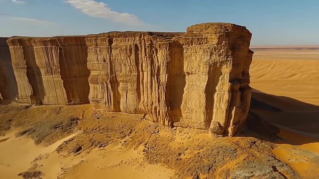 Sandstone cliffs with layered vertical erosion in a desert landscape under a clear sky