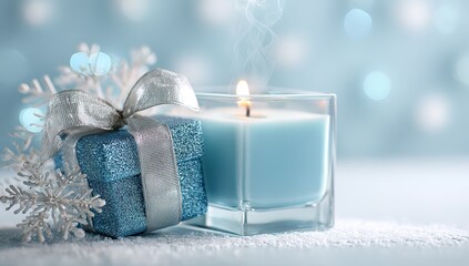 Christmas gift boxes and burning candles create a festive holiday decoration, perfect for winter season celebrations.