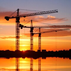 Construction cranes at sunset over water