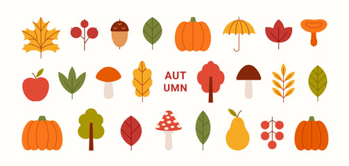 Autumn icons set. Fall simple yellow, red, orange leaf. Minimalist geometric style. Fall leaves, mushrooms, maple, acorn, berry, apple, oak, tree, pumpkins. Vector flat illustration. © Anna Bova