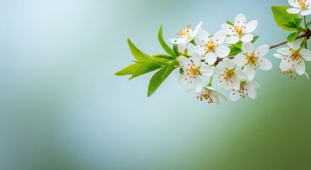 Close up of a blossoming cherry branch with white flowers and fresh green leaves in springtime