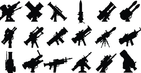 Vector silhouette set of military heavy weapons and launchers, including machine guns, rocket launchers, and mounted firearms. Ideal for tactical, army, and gaming design projects. © VectaNoor
