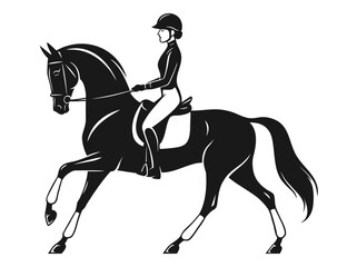 Black and white illustration of a female equestrian riding a horse