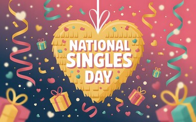 A vibrant and celebratory graphic for National Singles Day, featuring a red gift box and heart-shaped balloons.
