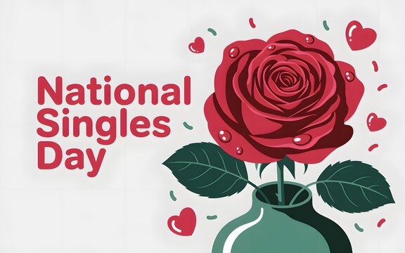 A celebratory illustration for National Singles Day featuring a beautiful red rose in a vase with floating hearts. Greeting card or poster concept. - Powered by Adobe