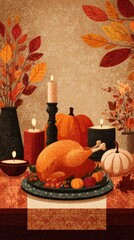 Colorful autumn table setting featuring a roasted turkey and festive decor in a cozy indoor space
