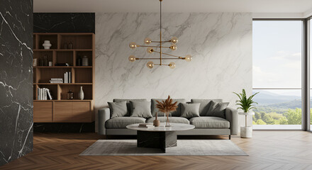 Fototapeta premium Interior of stylish living room with marble walls, wooden furniture shelf with books, comfortable grey couch, marble coffee table, wooden flooring, window to beautiful view. Mockup. 3D Rendering