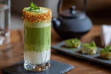 Vibrant green layered matcha latte with toasted coconut flakes and fresh mint.