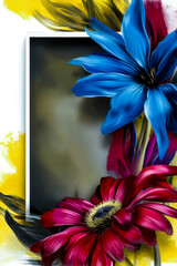 A vertical abstract composition with blue and red flowers surrounding an empty frame on a white and yellow background. Copy space.