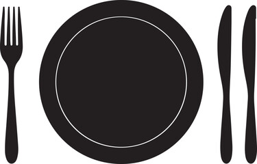 Fork, spoon, knife and plate silhouette collection on white background