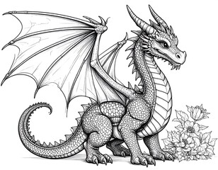 Detailed black and white drawing of a cute dragon © makcik
